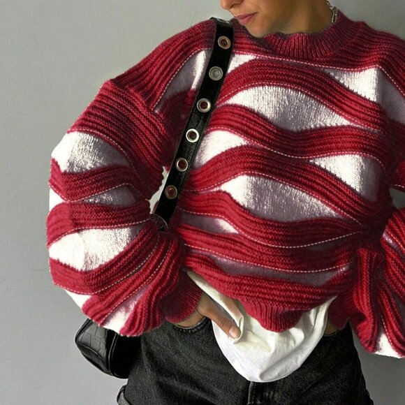 Sweaters - Red Casual Women's Round Neck Wavy Striped Color Block Long Sleeved Knit Sweater